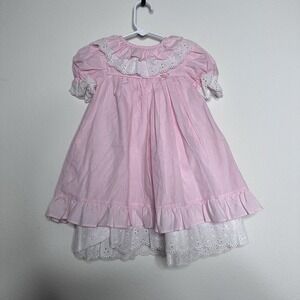 Vintage 90s Pink Gingham Baby Dress Puff Sleeve Embroidered Collar Lace Back 24M